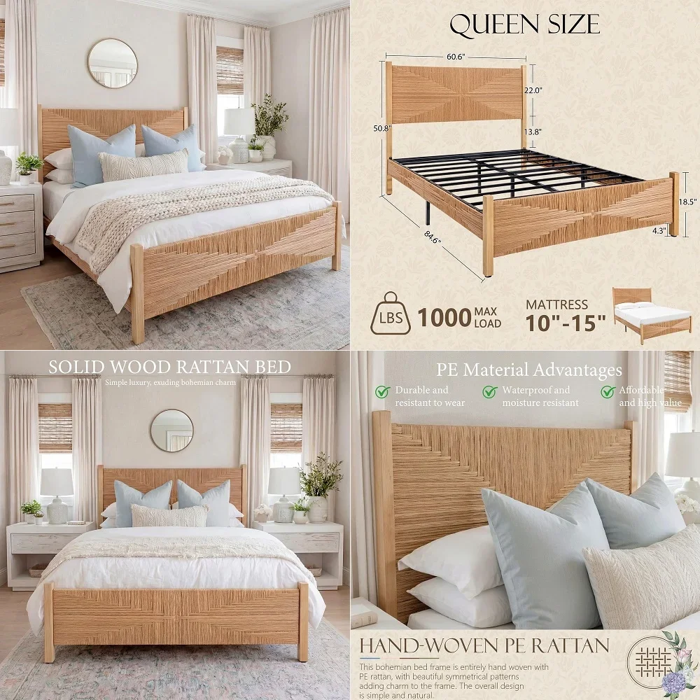

Queen Size Bamboo Platform Bed, MidCentury Modern Bed Frame with Tall Headboard, Solid Sustainable Bedframe QueenSize, Wood Sla