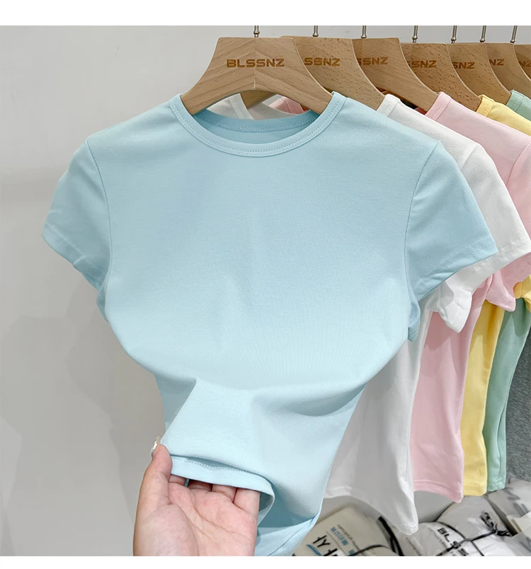 Zjaiss 2026 Sommer Neues Design Slim Fit Basic Top Trendiges Damen Baumwoll-Kurzarm-T-Shirt Einfarbig Vielseitiges O-Neck Tee – Detail 13