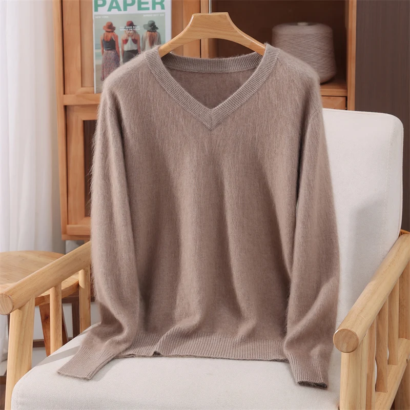 Pulôver feminino de manga comprida com decote em v, outono inverno 100% suéter de caxemira de vison macio, quente, sólido, casual, roupas soltas