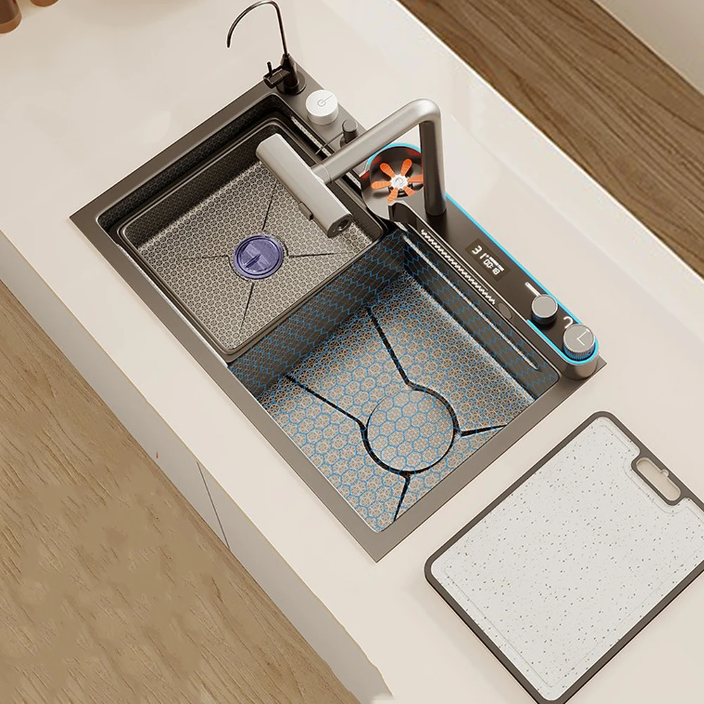 

Smart Modern Large Single Multifunction Sus304 Anti Scratch Led Digital Display Waterfall Kitchen Sink With Cup Wash