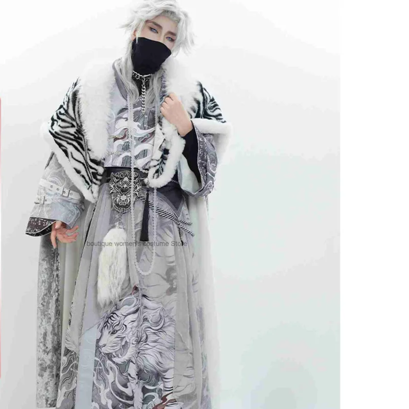 

Floral Poem Style White Tiger Hanfu Cape National Style Youthful Tiger Pattern Shawl Han Elements Winter Outfit