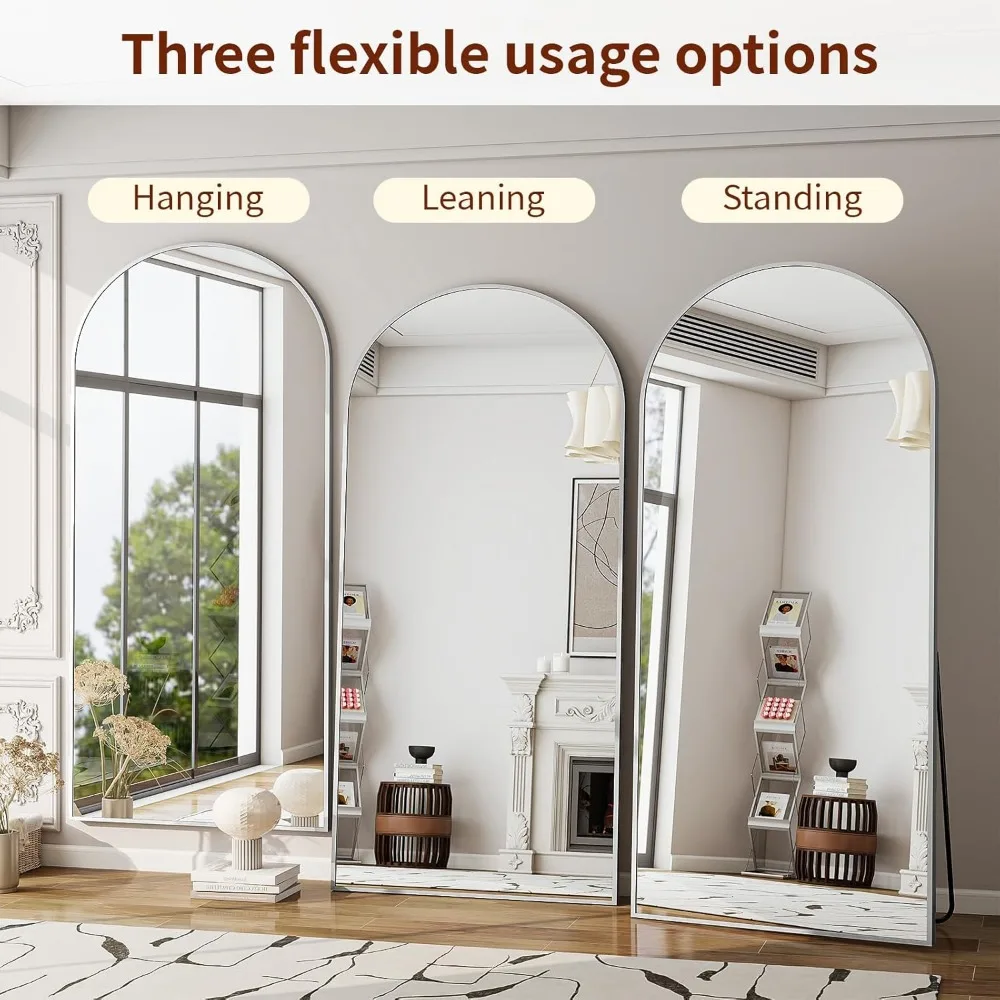 مرآة أرضية مقوسة بطول كامل مع إطار من الألومنيوم - مثبتة على الحائط أو مائل، مثالية لديكور المنزل والخلع الملابس
