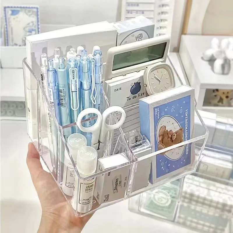 Large Capacity Transparent Acrylic Desktop Pen Holder Student Pencil Storage Box Office Desk Organizer Box Square Shape