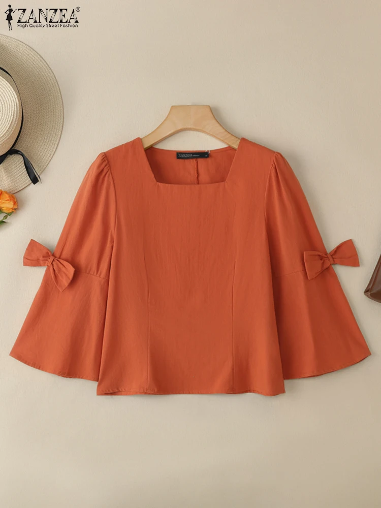 2025 zanzea elegante pescoço quadrado blusas de escritório verão feminino topos elegante 3/4 manga alargada camisa trabalho casual sólido arcos blusas