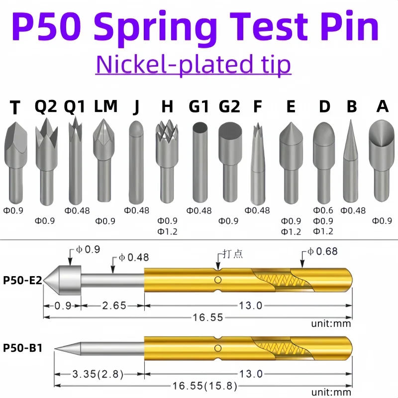 

P50 Series Nickel Plated Brass Spring Test Probe Test Pin Pogo Pin Electric Detection Needle ICT FCT PCB Test Tool P50-B P50-B1