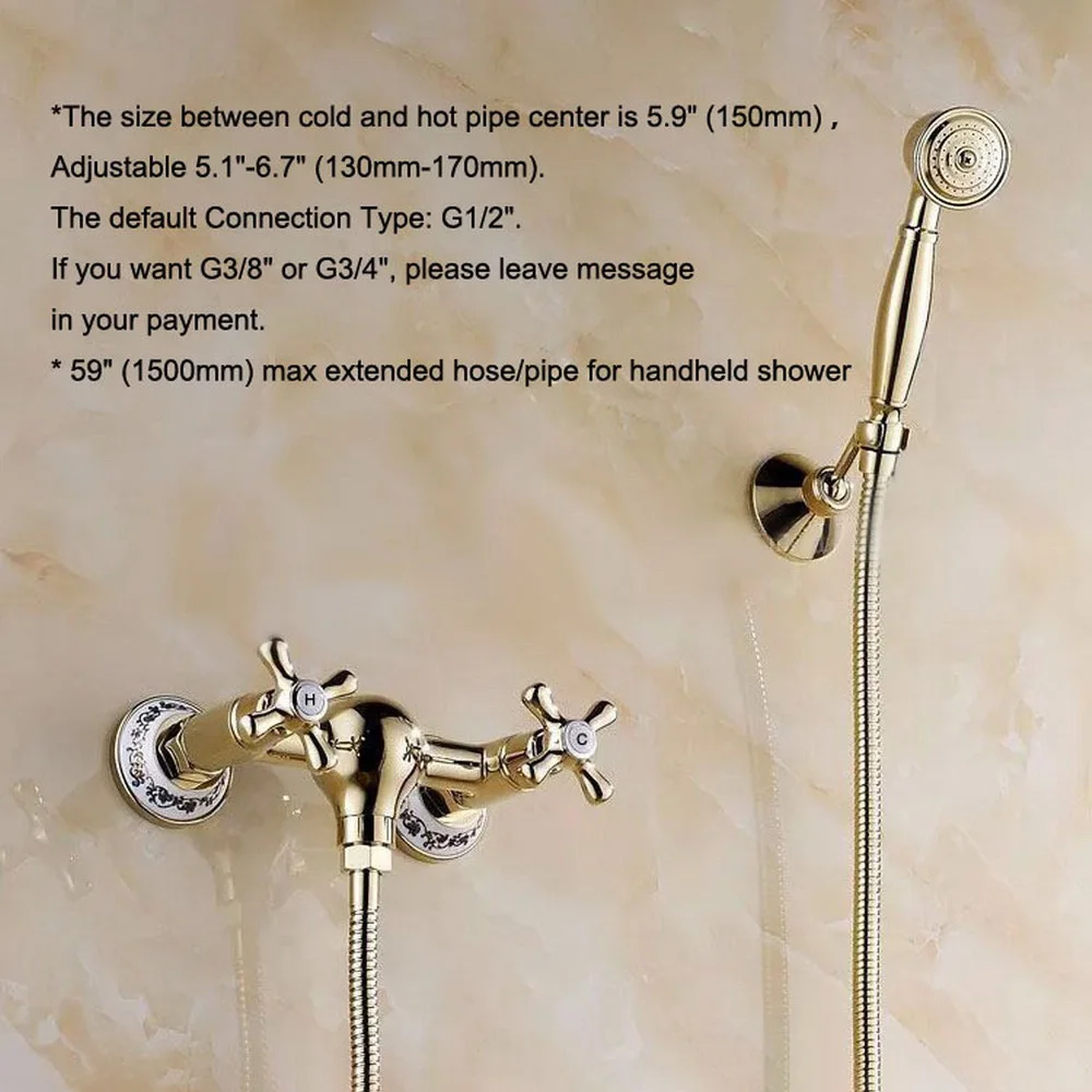 Luxury Gold Polished Brass Double handle Wall Mounted Bathroom Telephone Style Hand Held Shower Head Faucet Mixer Tap Set atf399