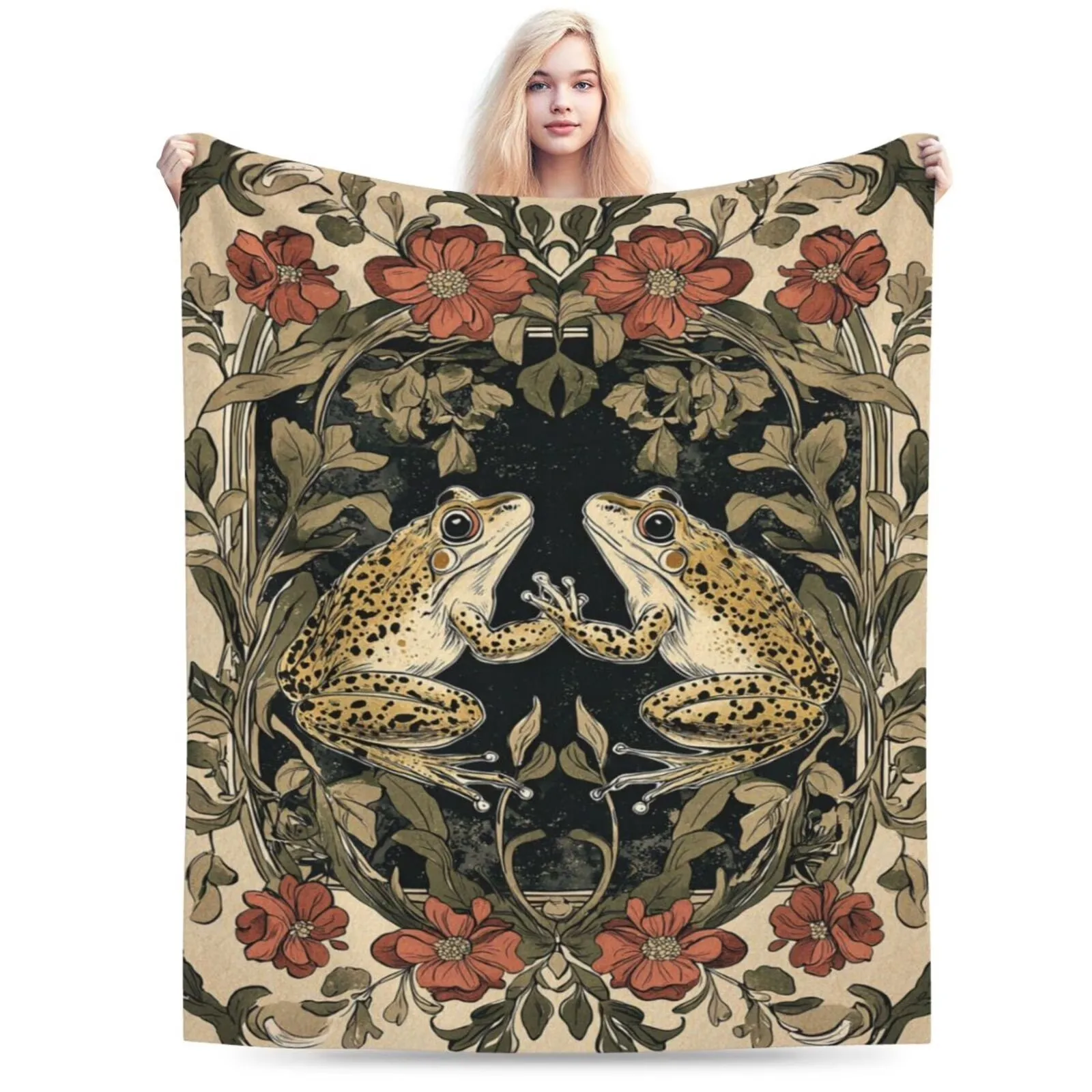 Vintage Frog Blanket Art Nouveau Botanical Fleece Throw for Home Travel Camping
