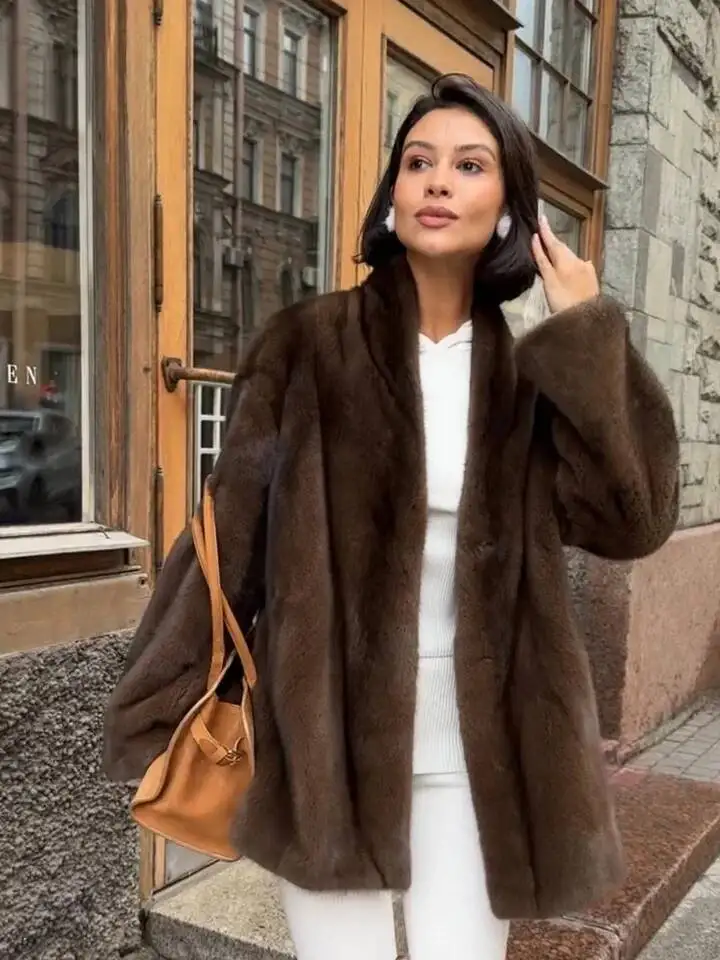 Women Luxury Lace Up Faux Fur Jacket Elegant V-Neck Long-Sleeved Loose Warm Coat Lady Winter Daily Commute High Street Outerwear