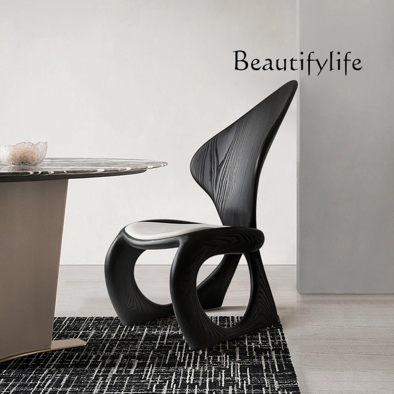 Nordic minimalist curved wood dining chair special-shaped solid wood  advanced leisure chair artistic back chair