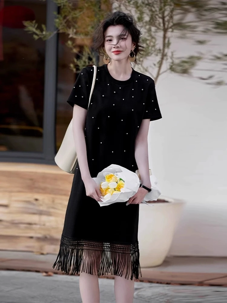 Vestido recto con borlas de verano para Mujer, Vestidos por debajo de la rodilla de manga corta con cuentas de perlas, Vestidos informales lisos a la moda para Mujer