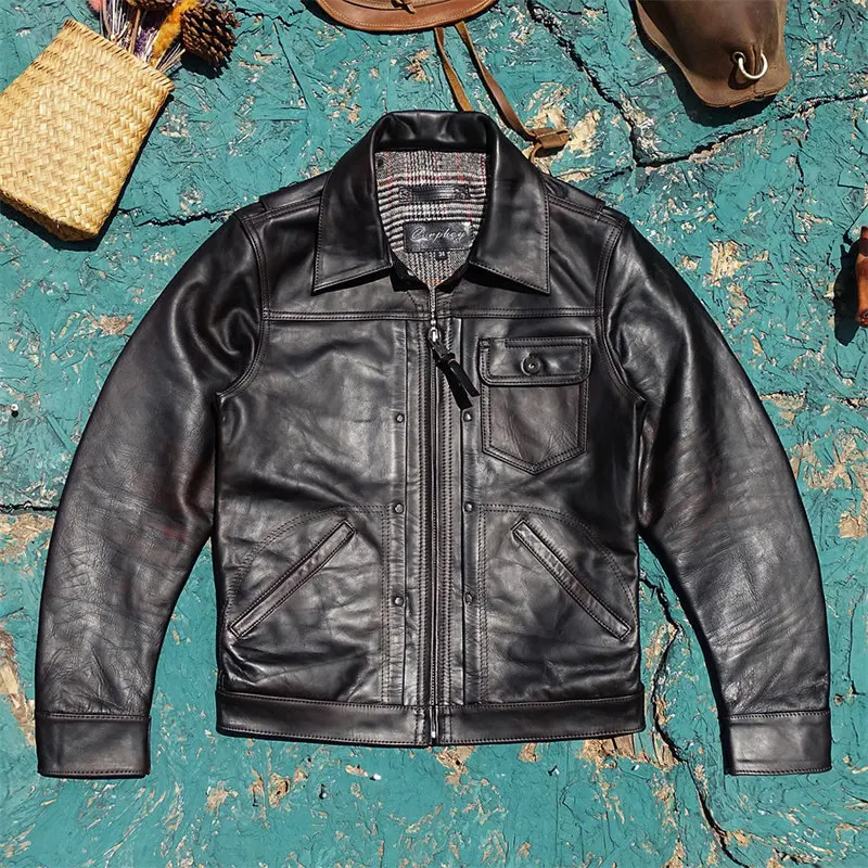 

Men Imported Black Tea Core Horsehide Leather Jacket, Waist‑Cinch Zip Design, Brushed Distressed Lapel Denim Style Genuine Coat