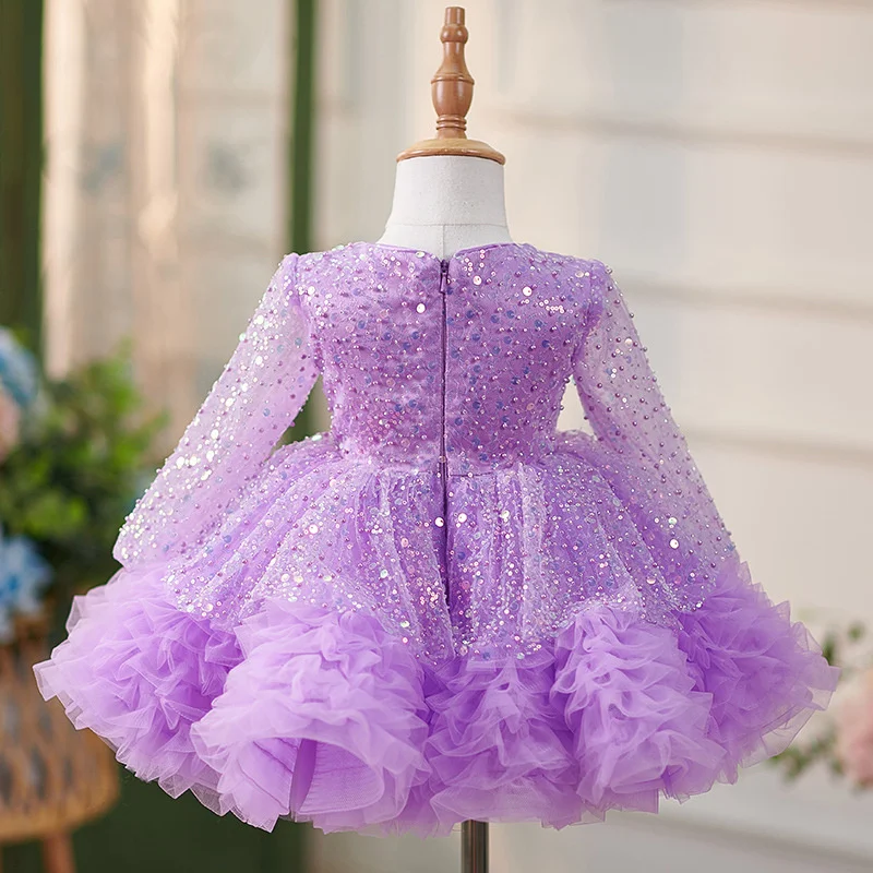 Funkelnde süße lila Pailletten Tüll Blumen mädchen Kleid für Hochzeit Langarm Festzug Kleid Kinder formelle Kleidung