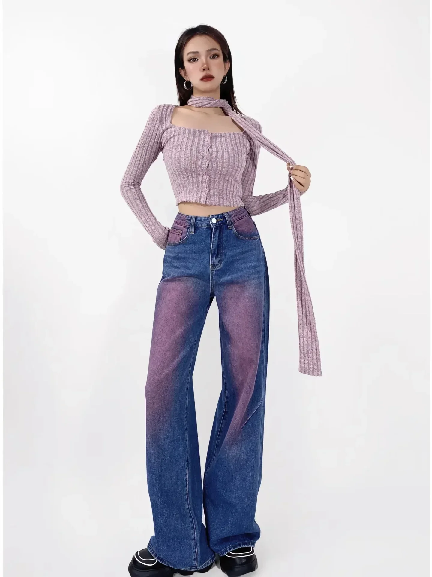 

Women Jeans Washed Distressed Denim Wide Leg Pants High Waist Pockets Vintage Trousers Autumn Streetwear Floor Length