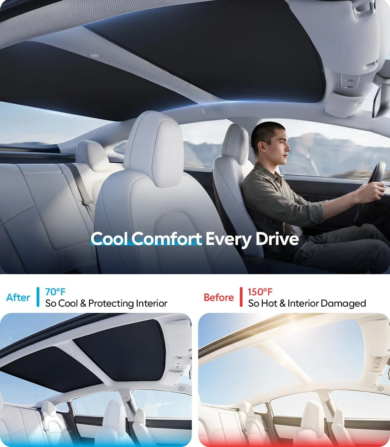 2026 for Tesla Model 3 Sunshade Roof [Never Sag, Nano Ice-Crystal Coatings] Heat Reflective Glass Roof Sun Shade, Accessories Fo