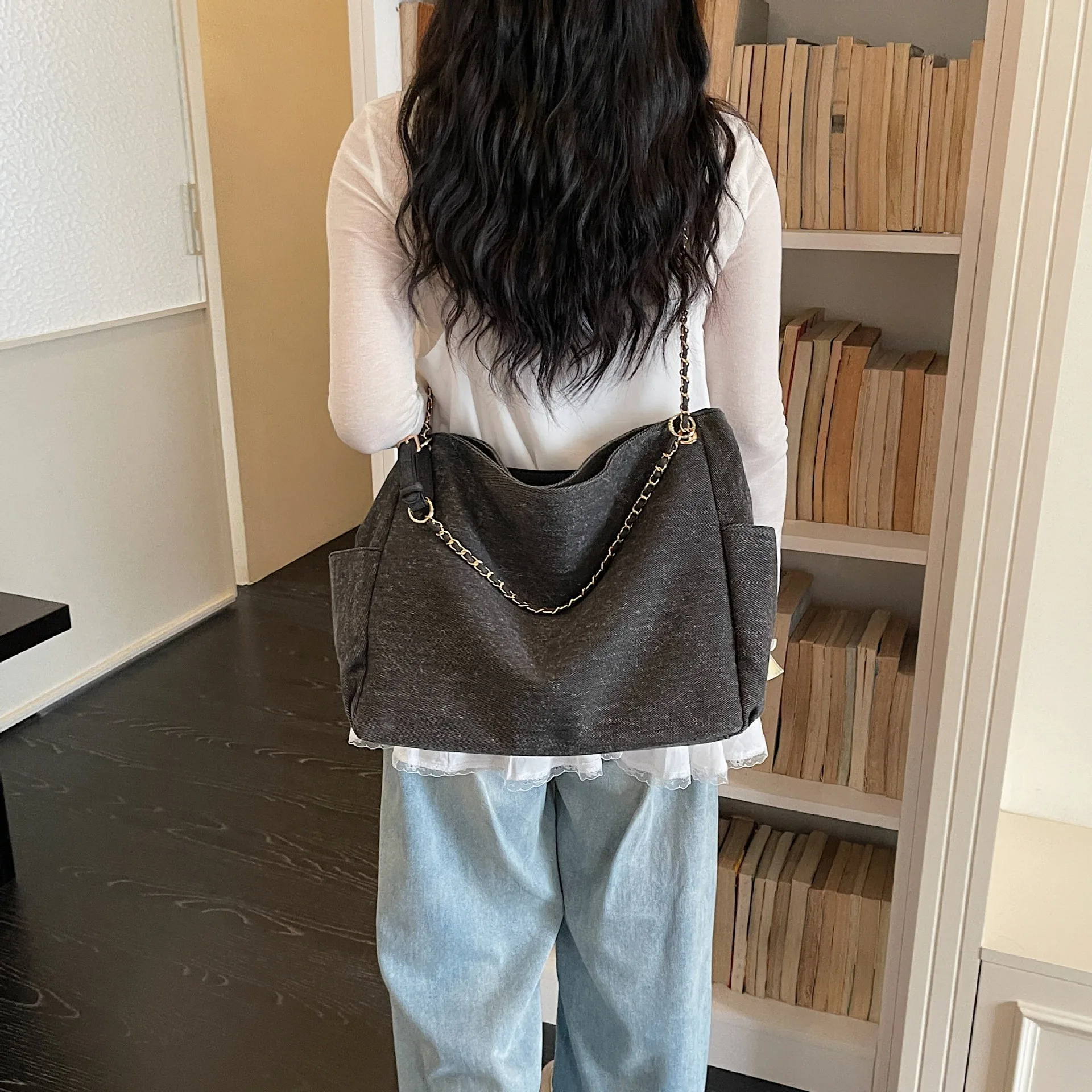 Washed Denim Shoulder Bag - Versatile Commuter - close-up view
