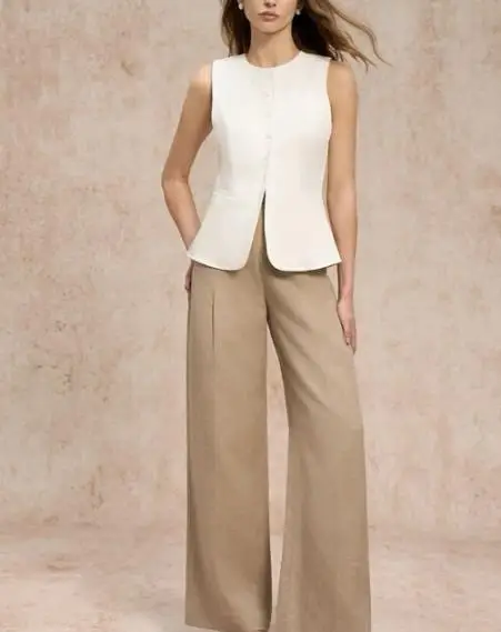 

New Slim Fit Sleeveless Vest for Women Button Down Waistcoat with Pockets Simple Fashion Casual Layered Top Round Neck Vest