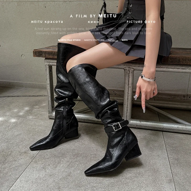 2026 autumn winter women knee-high boots 22-25cm stretch pu square toe belt buckle morden boots Pile up long boots
