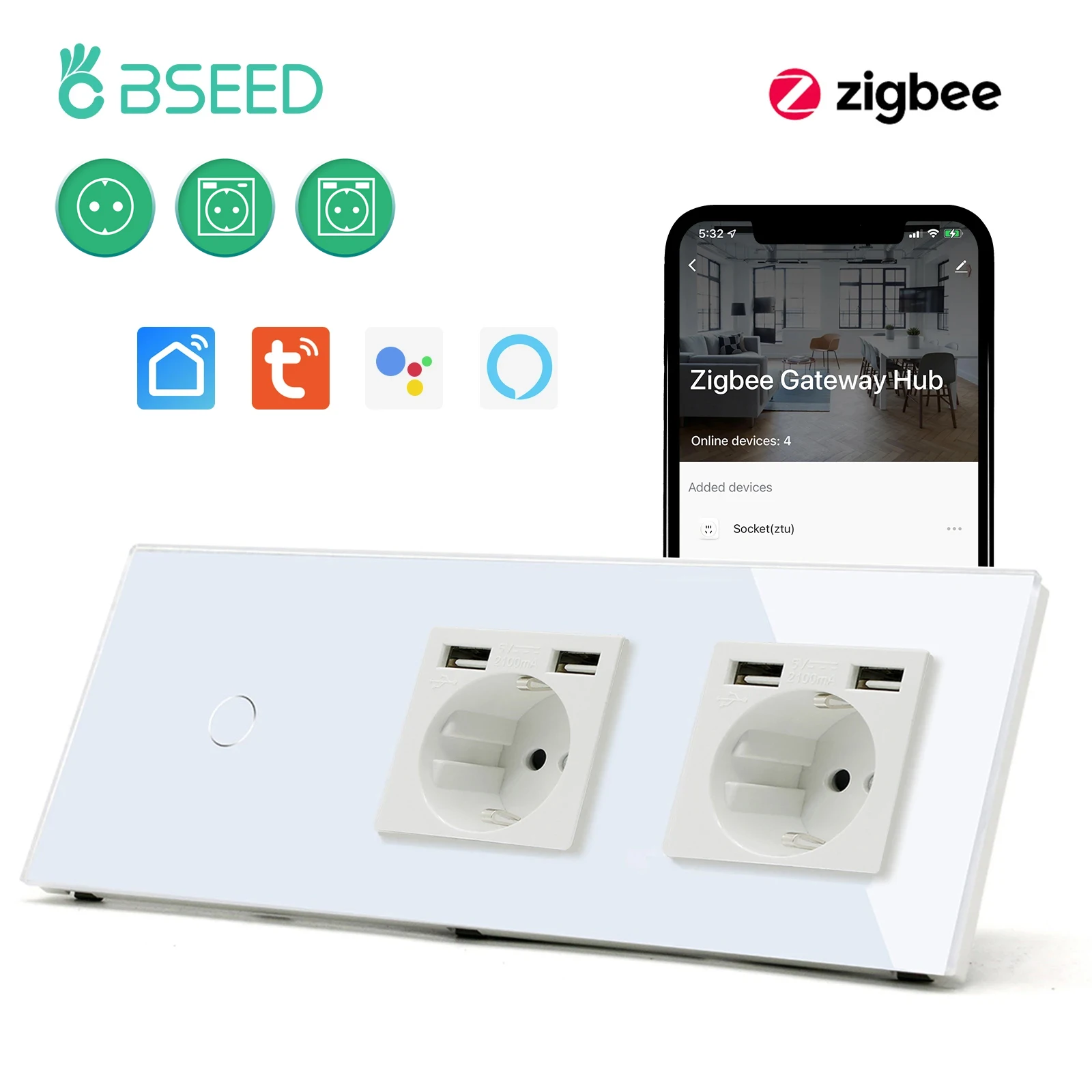 BSEED Zigbee Wifi Touch Switches 1/2/3Gang 1Way Smart Wall Light Switches Wireless App Control With EU Standard Wall Sockets