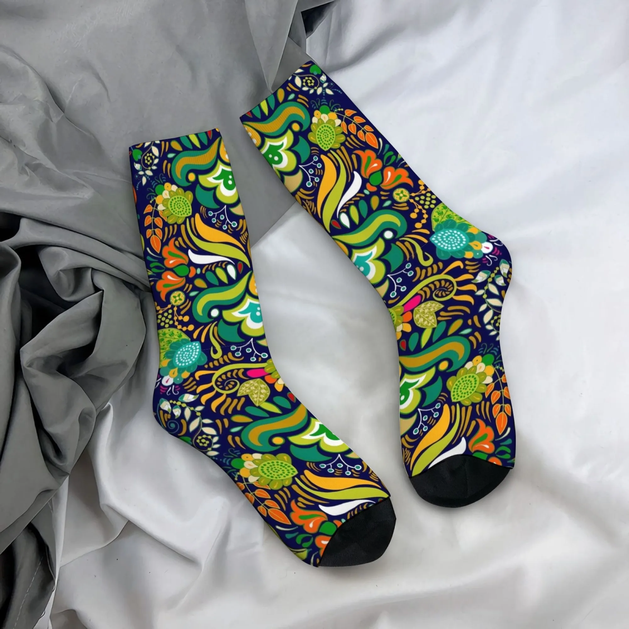 

Exotic Folk Style Socks Retro Floral Decorative Mid-calf Socks Dark Blue Base with Colorful Ethnic Bohemian Art Comfotable Socks