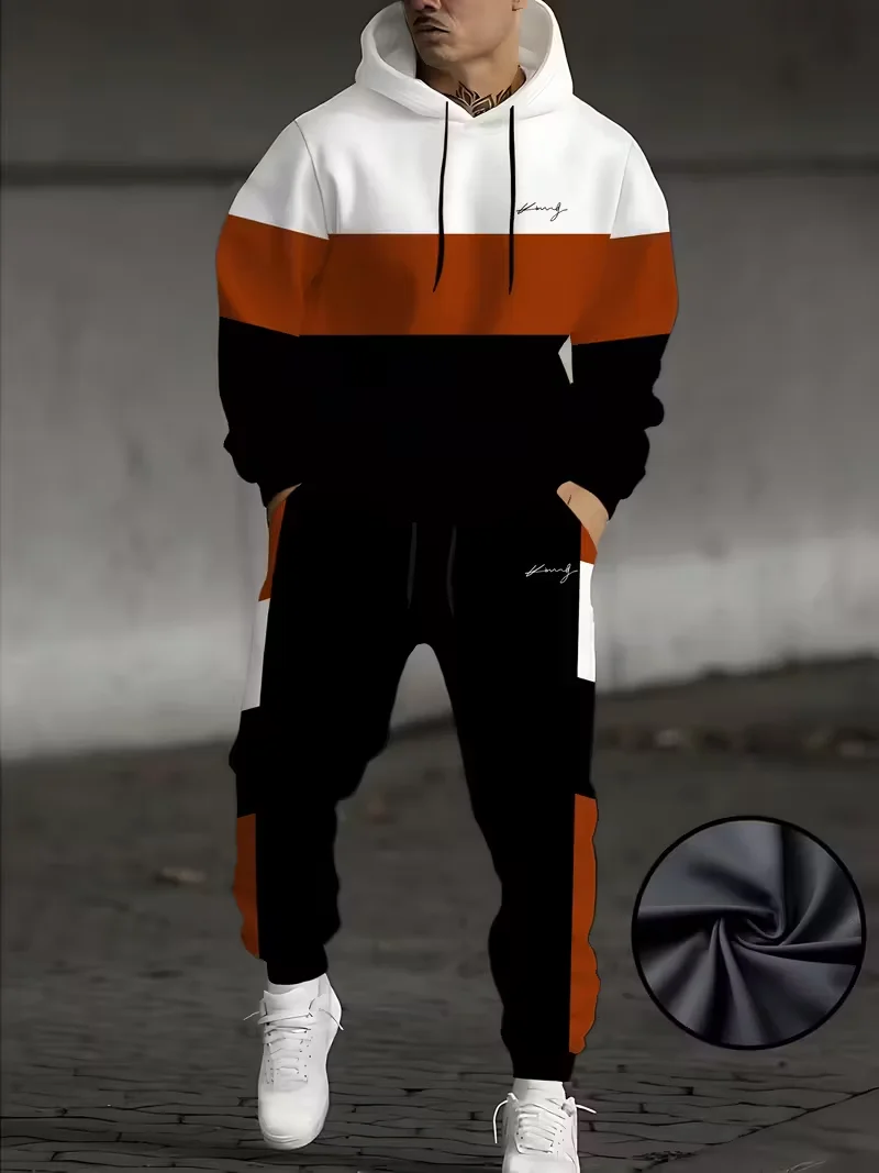 

Fashio Color block 2-Piece 3D Print Hooded Sweatshirt Sweatpants Set Autumn Loose Casual Fitness Outdoor Tracksuit Outfits