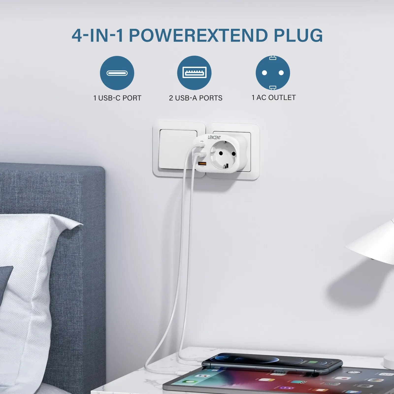 Przedłużacz gniazdo ścienne LENCENT ue z 1 gniazdo elektryczne 2 USB QC3.0 i 1 typ C PD 20W wiele gniazd szybka ładowarka do podróży do domu