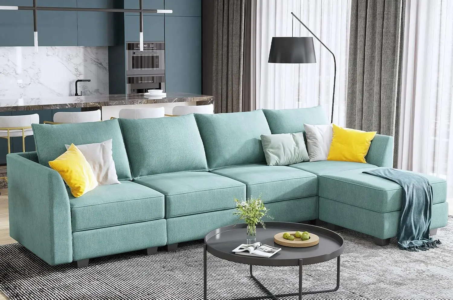 

Reversible Sectional Sofa L Shaped Modular Couch with Storage Convertible,with Chaise, Aqua Blue，Living Room Sofas.