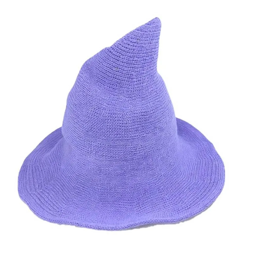 Halloween Beanie Knitted Witch Hat Wide Brim Pointed Top Wizard Cap Solid Color Soft Yarn Pointed Bonnet Teens