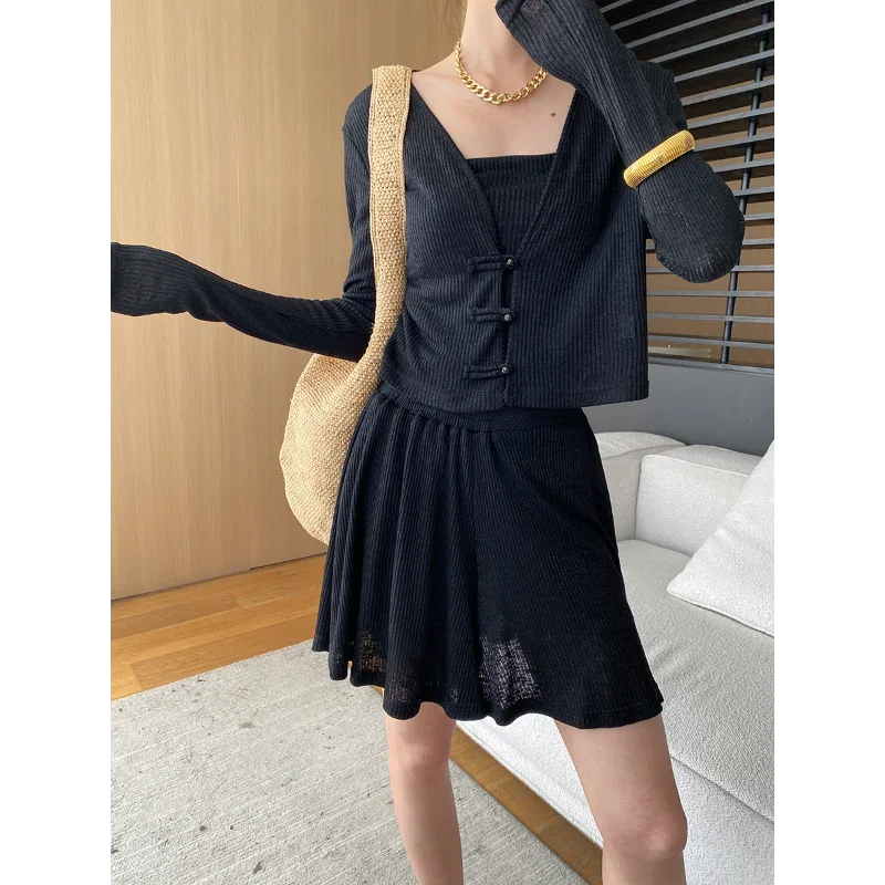 Women Knitting Soft Comfortable Thin Soft Cardigan+ Tube Top+ Short Skirt Pants Three-piece Suit Korea Chic Casual Lady Suit