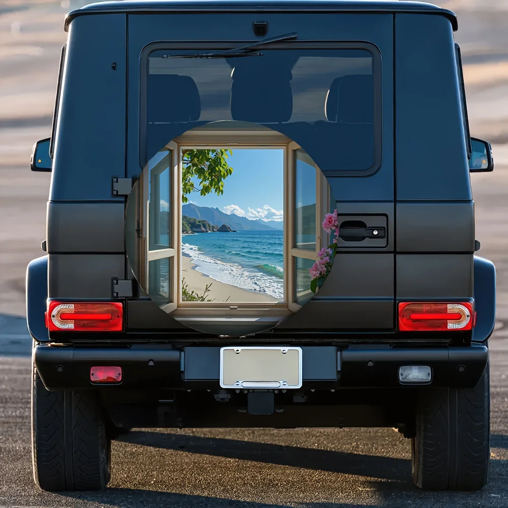 1pc 2D Flat Printing Universal Tire Cover Sea Pink Flowers (4) Polyester Without Electricity Car Decor Perfect For Construction