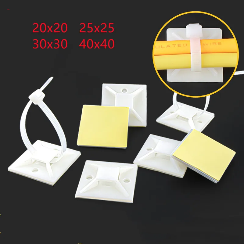 20pcs Cable Tie Base White 20 25 30 40mm Self-Adhesive Wire Zip Tie Wall Holder Car Fixing Seat Clips Suction Position Sucker