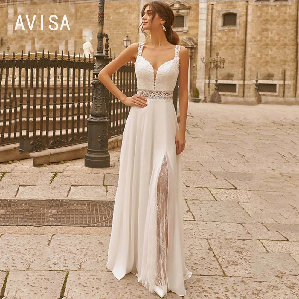 Boho V-Ausschnitt Brautkleid Spitze Applikationen Brautkleider rücken freie Schlitz ärmellose böhmische Vestidos de Novia 2024 Party kleider