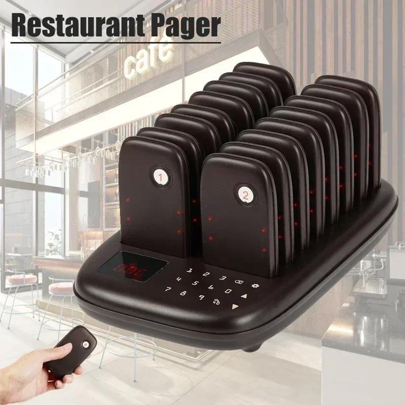 Restaurant Pager Wireless Calling System 16 Coasters Buzzer Vibrator Bell Receiver For Fast Food Truck Bar Coffee Queuing System