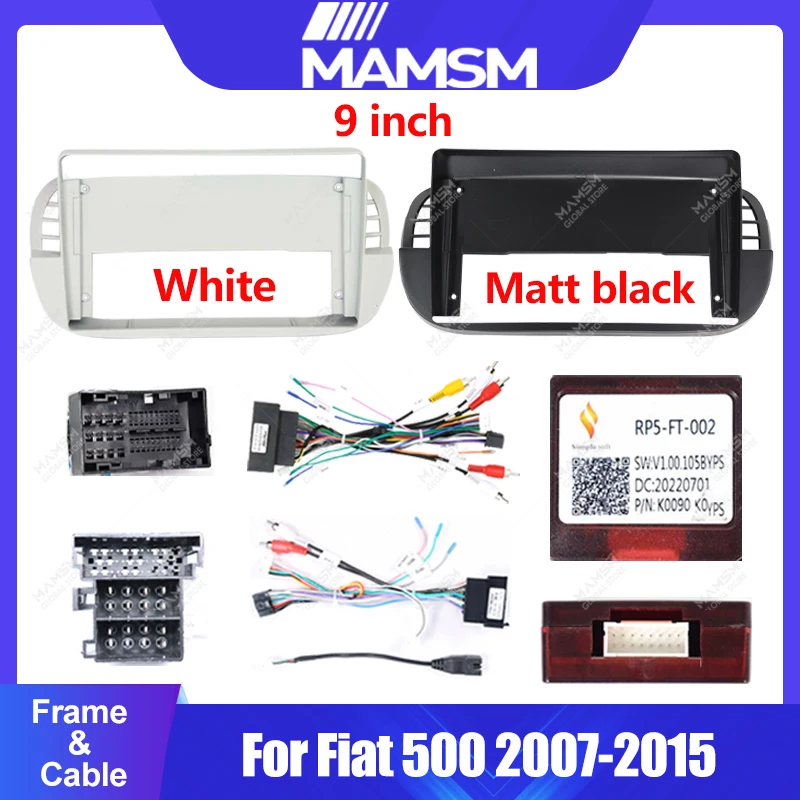 

Car Android Radio Frame For Fiat 500 2007-2015 9inch White/Matt black 2DIN Fascia Stereo Panel 16PIN Harness Wire Canbus Decoder