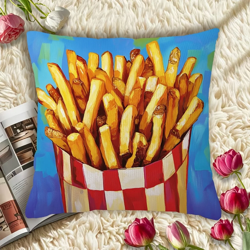 Funny French Fries Cushion Cover, Fast Food Art Print Pillow Case for Sofa, Retro Snack Decor Throw Pillow Slipcover