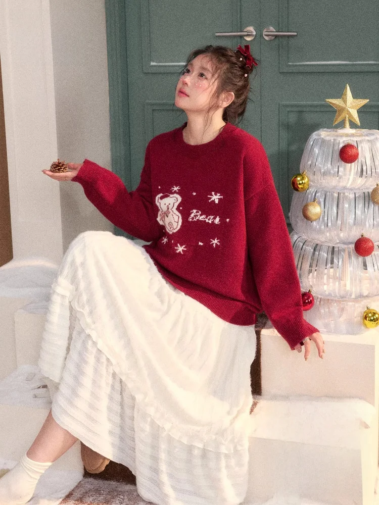 

Комплект: теплый зимний свитер с медведем (красный) и кружевная юбка-кейк в корейском стиле, свободного кроя, с высокой талией, для повседневной носки, большие размеры