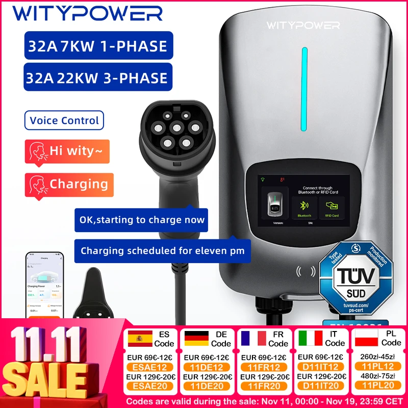 محطة شحن WityPower EV للسيارات Type2 سريعة التيار المتناوب 32A 7KW 22KW شاحن السيارة الكهربائية IEC62196 التحكم الصوتي EVSE صندوق الحائط