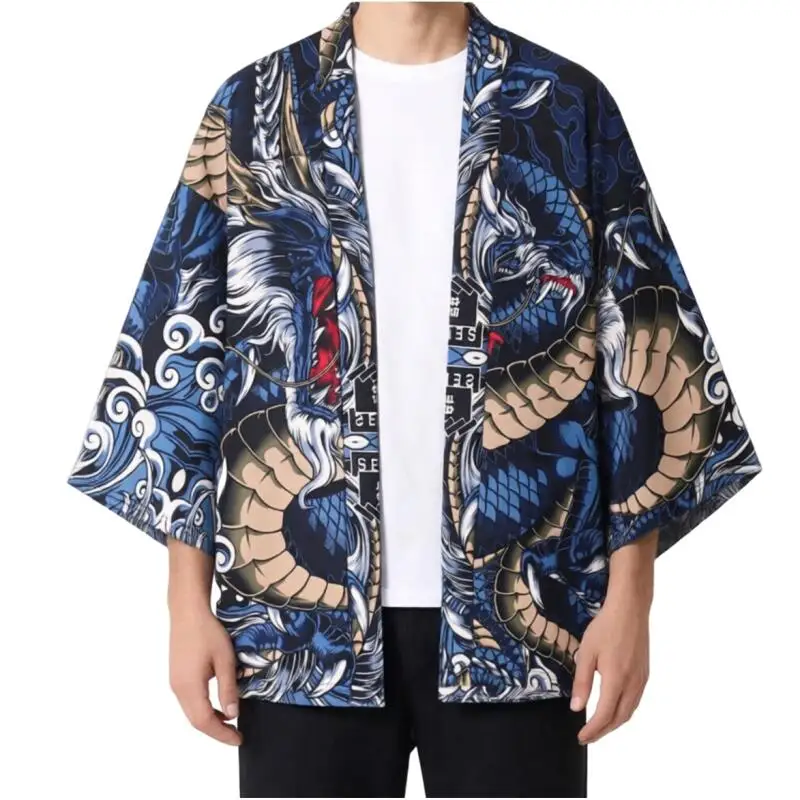 Men Summer Japanese Style Dragon Print Kimono Cardigan Asia Traditional Samurai Blue Cloud Patterned Waves Yukata Top Streetwear