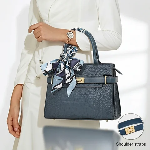 Genuine Leather Cowhide Women's Handbag Convertible for Crossbody & Shoulder Carry, with Silk Scarf, Crocodile Pattern Tote Bag