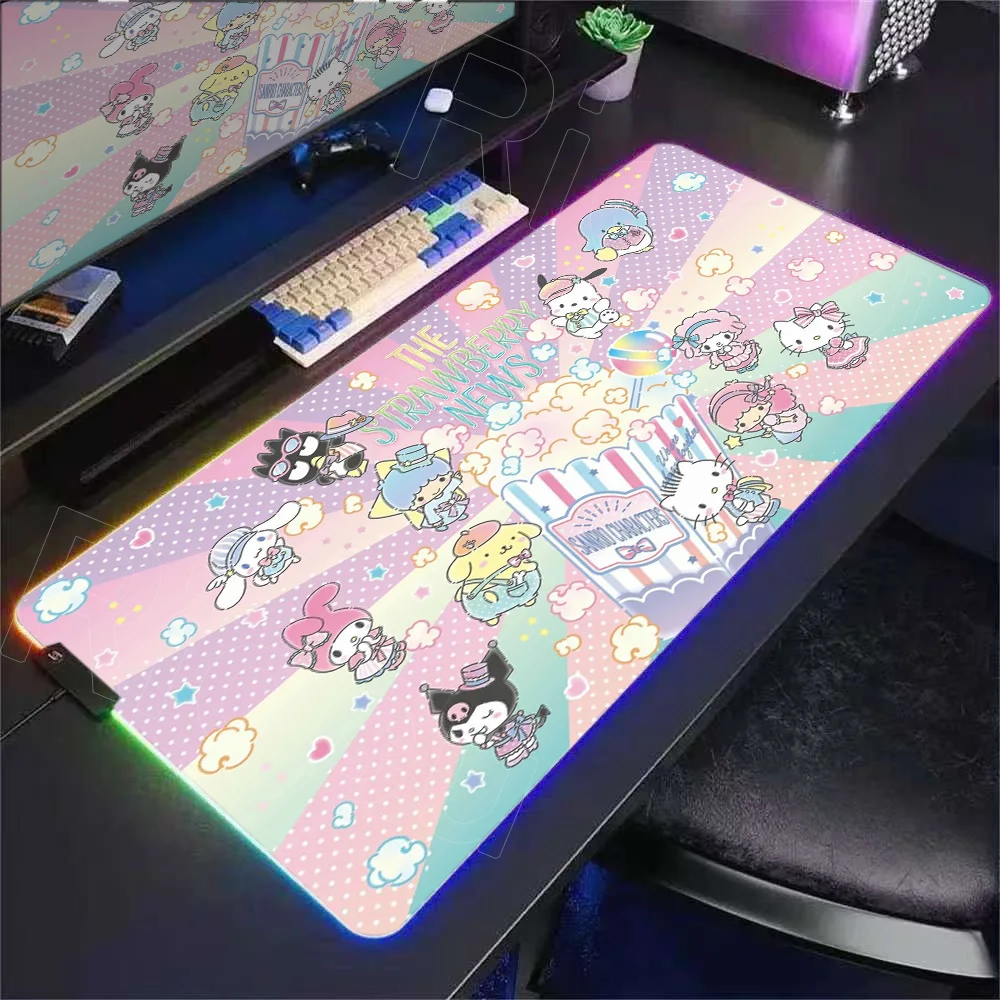 

Cute Sanrio RGB Desk Mat Hello Kitty Kuromi Office Mouse Pad Melody Cinnamoroll Non-Slip Large Keyboard Mousepads Pc Accessories