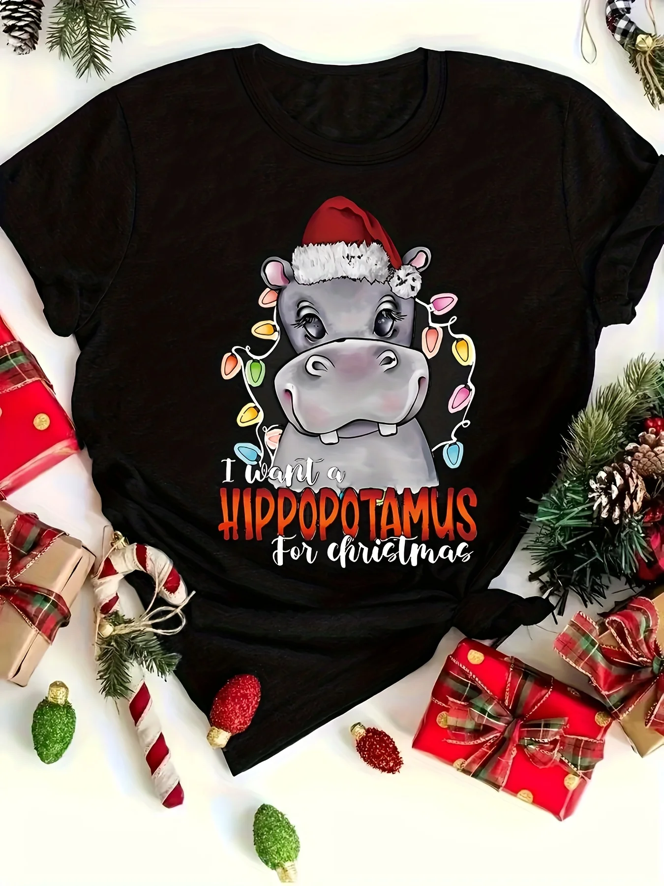 Round Neck Tshirt Cute Hippo Santa Hat Christmas Light Strings Funny Hippopotamus Quote Pattern Casual Wear Top For Men Women