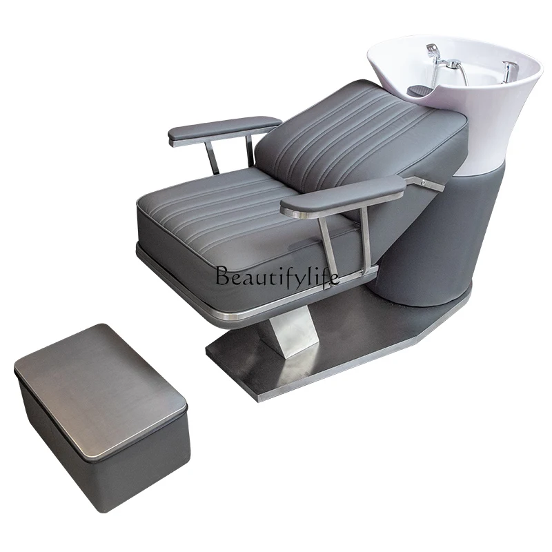 

High-end ceramic basin shampoo bed seated semi-reclining hair salon stainless steel flushing bed
