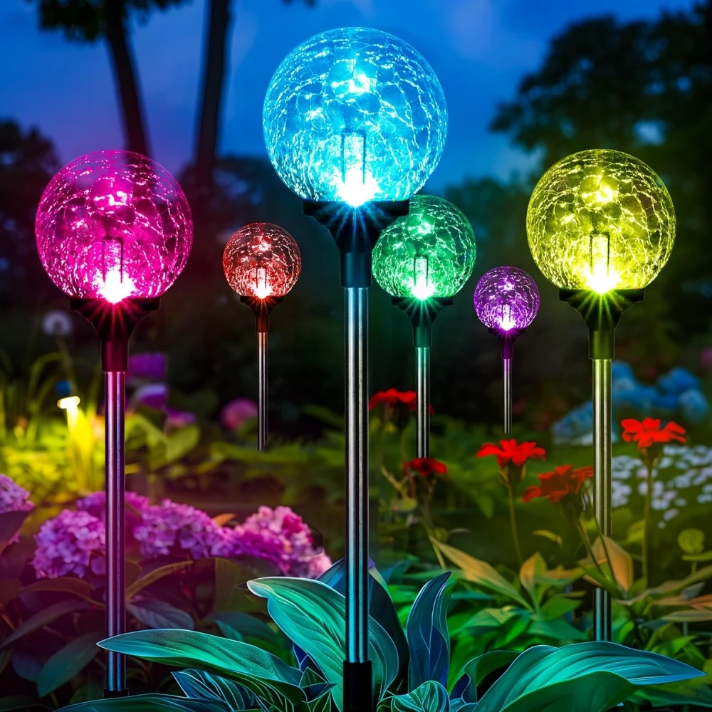 Solar Powered LED Glass Ball Ground Plug Light 8cm Cracked Ball Lawn Garden Decorative Light Outdoor Landscape Lighting