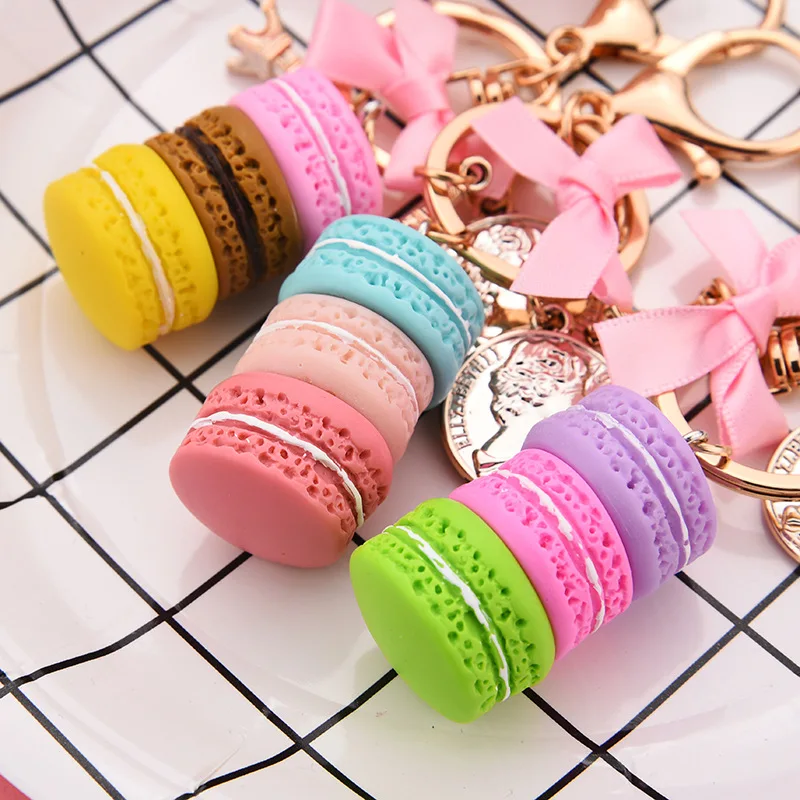 

French Fun Style Resin Tricolor Macaron Imitate Silk Ribbon Bowknot Key Chain Women's Give A Keychain To Friends Who Love Food