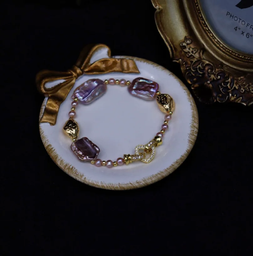 

Фиолетовый браслет специальной формы с пресноводным жемчугом в стиле барокко, женские нишевые высококачественные украшения в стиле ретро