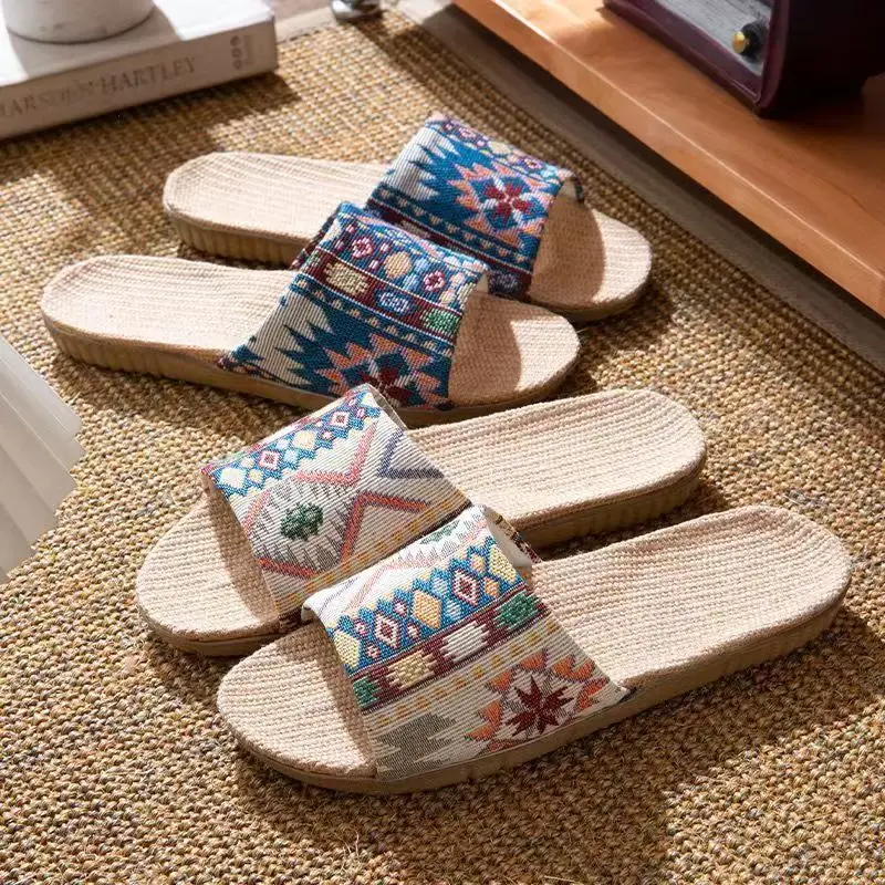 

2026 New Linen Slippers All Season Breathable Comfortable Indoor Slides Thick Sole Non Slip Couple House Shoes for Men Women
