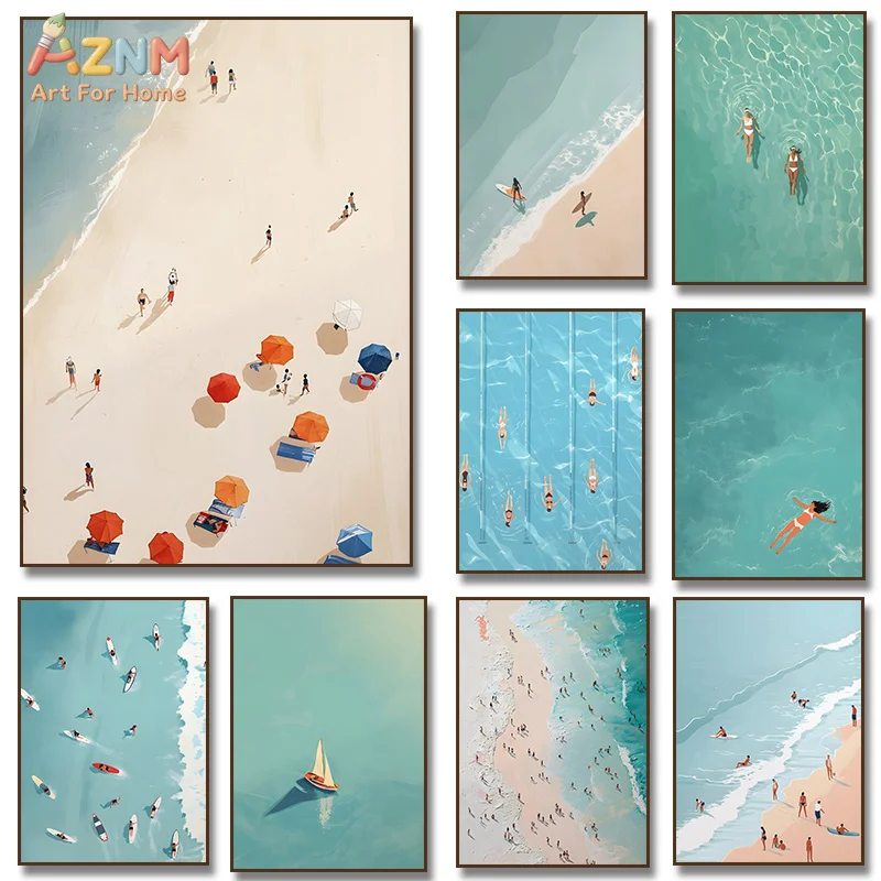 AZNM Aerial View Summer Beach Swimming Sailboat Minimal Illustration Frameless Canvas Wall Decor