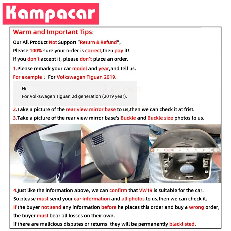 Kampacar VW57-1K 1080P Wifi Auto Dvr Macchina Fotografica Dash Cam Per Volkswagen 207mm VW T-ROC 2023-2024 10% Auto Dashcam