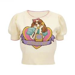 Suéter bordado de dibujos animados para mujer, Camiseta de punto, jerséis elegantes a la moda, Tops para mujer, jersey de manga corta abullonada, verano 2024