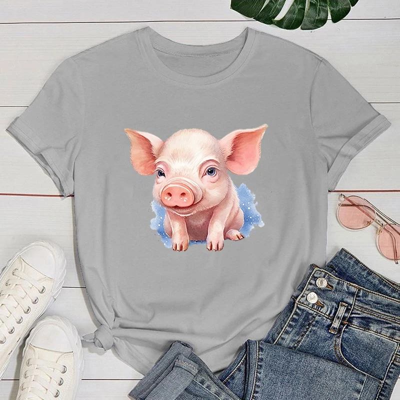 (Premium T-shirt)Pink Pig Print T Shirt Fans Summer Casual Short Sleeve Tee Cute Loose T Shirts