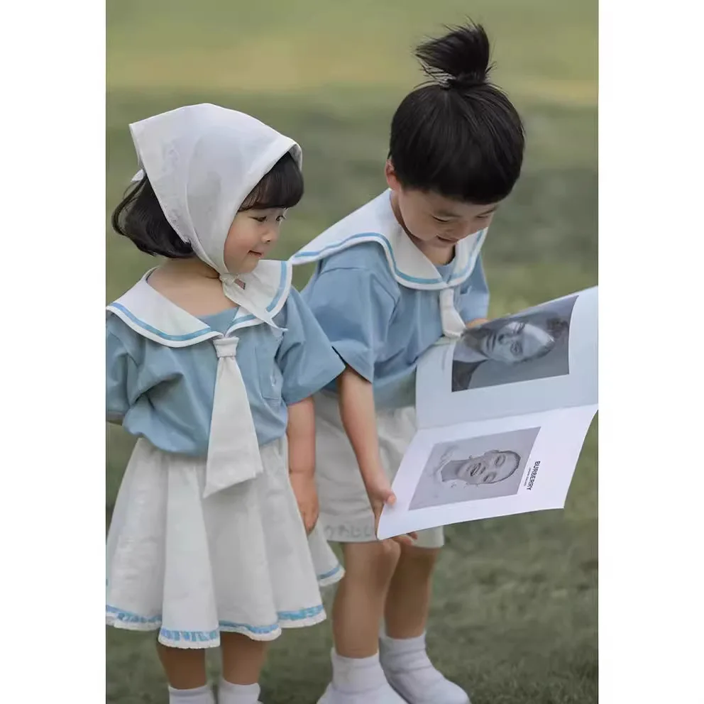 RAISE Summer Kids Siblings Attire Muslin Navy Collar Children Girls Tops+shorts Outfits Thin Blue Tees+breathable Skirts Outfits